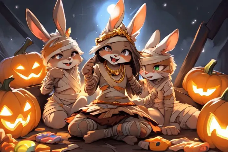 furry, animal, furry, furry female anthro, female rabbit,
((small breasts)), rabbit face, bunny tail, detailed and extremely fluffy body fur, fluff, athletic body, 2 girls, 
highly_detailed_face, symmetrical_eyes, Detailed Eyes, open mouth, rodent front teeth, happy, nail teeth, (eye reflections), (thick thighs:0.5),
flat chest, cute, girl, young, young adult, small breasts, cute, girl, young, 
sitting on hay eating candy, throwing candy, having fun, ((torn bandages)), ((torn white short frilly skirt)), ((bandaged head)), surrounded by halloween candy,
golden tiara, golden bracelet, golden necklace, 
green glow, fog tendrils,  
<Lora:vicaramelia:0.75>, bandage,
<lora:mummy costume:0.8>,
nighttime, outside, Halloween night, pumpkins, moonlight, bats in the sky, spiderwebs, 
(by manmosu marimo:0.6), (by dagasi:0.7), by reign-2004, 
(by carrot:0.4), by darkgem, by ulitochka,
<lora:FurryCore:0.7>,
<lora:sailor_moon:0.3>,
<lora:nanachi:0.2>,
<Lora:Tangbohu Detail Tweaker LoRA (UO/N~etLoRA) - v1.0:-0.5>,
highly detailed photograph, cinematic, full shot,
concept art, highly detailed, (hi res), masterpiece, best quality, masterpiece, best quality,  highly_detailed_face, symmetrical_eyes, belly, cinematic composition, dynamic pose, nude, (masterpiece, best quality, ultra realistic, 4k, (high detail:1.3),