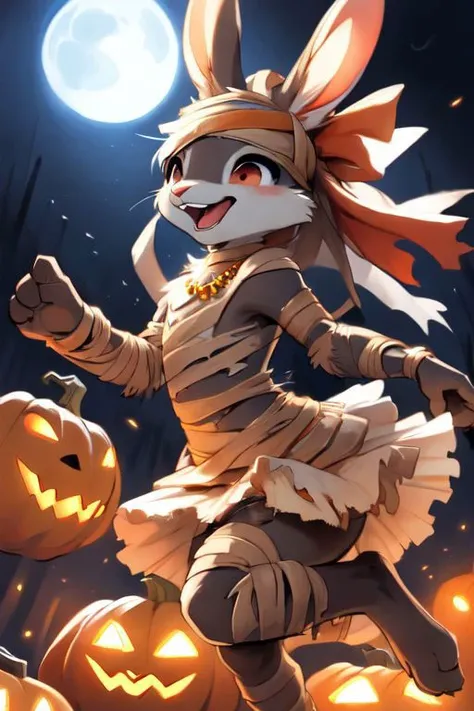 furry, animal, furry, furry female anthro, female rabbit,
((small breasts)), rabbit face, bunny tail, detailed and extremely fluffy body fur, fluff, athletic body, 2 girls, 
highly_detailed_face, symmetrical_eyes, Detailed Eyes, open mouth, rodent front teeth, happy, nail teeth, (eye reflections), (thick thighs:0.5),
flat chest, cute, girl, young, young adult, small breasts, cute, girl, young, 
running, jumping, low angle, having fun, side view, ((torn bandages)), ((torn white short frilly skirt)), ((bandaged head)),
golden tiara, golden bracelet, golden necklace, 
green glow, fog tendrils,  
<Lora:vicaramelia:0.75>, bandage,
<lora:mummy costume:0.8>,
nighttime, outside, Halloween night, pumpkins, moonlight, bats in the sky, spiderwebs, 
(by manmosu marimo:0.6), (by dagasi:0.7), by reign-2004, 
(by carrot:0.4), by darkgem, by ulitochka,
<lora:FurryCore:0.7>,
<lora:sailor_moon:0.3>,
<lora:nanachi:0.2>,
<Lora:Tangbohu Detail Tweaker LoRA (UO/N~etLoRA) - v1.0:-0.5>,
highly detailed photograph, cinematic, full shot,
concept art, highly detailed, (hi res), masterpiece, best quality, masterpiece, best quality,  highly_detailed_face, symmetrical_eyes, belly, cinematic composition, dynamic pose, nude, (masterpiece, best quality, ultra realistic, 4k, (high detail:1.3),