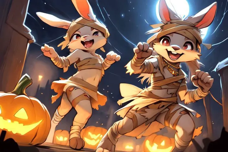 furry, animal, furry, furry female anthro, female rabbit,
((small breasts)), rabbit face, bunny tail, detailed and extremely fluffy body fur, fluff, athletic body, 2 girls, 
highly_detailed_face, symmetrical_eyes, Detailed Eyes, open mouth, rodent front teeth, happy, nail teeth, (eye reflections), (thick thighs:0.5),
flat chest, cute, girl, young, young adult, small breasts, cute, girl, young, 
running, jumping, low angle, having fun, side view, ((torn bandages)), ((torn white short frilly skirt)), ((bandaged head)),
golden tiara, golden bracelet, golden necklace, 
green glow, fog tendrils,  
<Lora:vicaramelia:0.75>, bandage,
<lora:mummy costume:0.8>,
nighttime, outside, Halloween night, pumpkins, moonlight, bats in the sky, spiderwebs, 
(by manmosu marimo:0.6), (by dagasi:0.7), by reign-2004, 
(by carrot:0.4), by darkgem, by ulitochka,
<lora:FurryCore:0.7>,
<lora:sailor_moon:0.3>,
<lora:nanachi:0.2>,
<Lora:Tangbohu Detail Tweaker LoRA (UO/N~etLoRA) - v1.0:-0.5>,
highly detailed photograph, cinematic, full shot,
concept art, highly detailed, (hi res), masterpiece, best quality, masterpiece, best quality,  highly_detailed_face, symmetrical_eyes, belly, cinematic composition, dynamic pose, nude, (masterpiece, best quality, ultra realistic, 4k, (high detail:1.3),