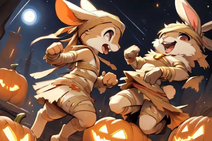 furry, animal, furry, furry female anthro, female rabbit,
((small breasts)), rabbit face, bunny tail, detailed and extremely fluffy body fur, fluff, athletic body, 2 girls, 
highly_detailed_face, symmetrical_eyes, Detailed Eyes, open mouth, rodent front teeth, happy, nail teeth, (eye reflections), (thick thighs:0.5),
flat chest, cute, girl, young, young adult, small breasts, cute, girl, young, 
running, jumping, low angle, having fun, side view, ((torn bandages)), ((torn white short frilly skirt)), ((bandaged head)),
golden tiara, golden bracelet, golden necklace, 
green glow, fog tendrils,  
<Lora:vicaramelia:0.75>, bandage,
<lora:mummy costume:0.8>,
nighttime, outside, Halloween night, pumpkins, moonlight, bats in the sky, spiderwebs, 
(by manmosu marimo:0.6), (by dagasi:0.7), by reign-2004, 
(by carrot:0.4), by darkgem, by ulitochka,
<lora:FurryCore:0.7>,
<lora:sailor_moon:0.3>,
<lora:nanachi:0.2>,
<Lora:Tangbohu Detail Tweaker LoRA (UO/N~etLoRA) - v1.0:-0.5>,
highly detailed photograph, cinematic, full shot,
concept art, highly detailed, (hi res), masterpiece, best quality, masterpiece, best quality,  highly_detailed_face, symmetrical_eyes, belly, cinematic composition, dynamic pose, nude, (masterpiece, best quality, ultra realistic, 4k, (high detail:1.3),