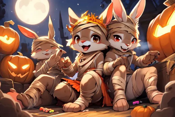 furry, animal, furry, furry female anthro, female rabbit,
((small breasts)), rabbit face, bunny tail, detailed and extremely fluffy body fur, fluff, athletic body, 2 girls, 
highly_detailed_face, symmetrical_eyes, Detailed Eyes, open mouth, rodent front teeth, happy, nail teeth, (eye reflections), (thick thighs:0.5),
flat chest, cute, girl, young, young adult, small breasts, cute, girl, young, 
sitting on hay eating candy, throwing candy, having fun, ((torn bandages)), ((torn white short frilly skirt)), ((bandaged head)), surrounded by halloween candy,
golden tiara, golden bracelet, golden necklace, 
green glow, fog tendrils,  
<Lora:vicaramelia:0.75>, bandage,
<lora:mummy costume:0.8>,
nighttime, outside, Halloween night, pumpkins, moonlight, bats in the sky, spiderwebs, 
(by manmosu marimo:0.6), (by dagasi:0.7), by reign-2004, 
(by carrot:0.4), by darkgem, by ulitochka,
<lora:FurryCore:0.7>,
<lora:sailor_moon:0.3>,
<lora:nanachi:0.2>,
<Lora:Tangbohu Detail Tweaker LoRA (UO/N~etLoRA) - v1.0:-0.5>,
highly detailed photograph, cinematic, full shot,
concept art, highly detailed, (hi res), masterpiece, best quality, masterpiece, best quality,  highly_detailed_face, symmetrical_eyes, belly, cinematic composition, dynamic pose, nude, (masterpiece, best quality, ultra realistic, 4k, (high detail:1.3),