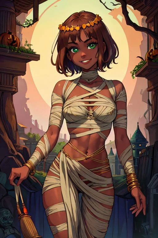 (masterpiece:1.2, best quality:1.2, beautiful, high quality, highres:1.1, aesthetic), perfect eyes, perfect hands 1girl, brown skin, brown short hair, green eyes, (creepy smile), mummy costume, mummy, creepy sand temple background, Halloween, leaning towards viewer,