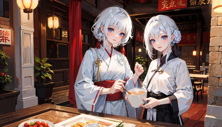 ancient china, cozy, beautiful,viewing platform, wide shot,bird's-eye view,
girl,white hair,looking at viewer,happy, love, hanfu,
inn,central scroll, ancient Chinese wooden architecture, return to the ancients, ancient architectural complex, street.