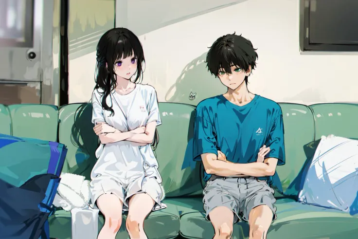 (masterpiece:1.2), best quality,PIXIV,Eru and Houtarou,
1girl, shirt, 1boy, oreki houtarou, artist logo, shorts, black shirt, black hair, short hair, looking at another, bangs, crossed arms, purple eyes, indoors, towel, sitting, chitanda eru, white shirt, short sleeves, long hair, speech bubble, green eyes, alternate hairstyle, collarbone, holding, breasts, grey shorts, couch, standing, alternate costume, eye contact
<lora:Eru and Houtarou:1>