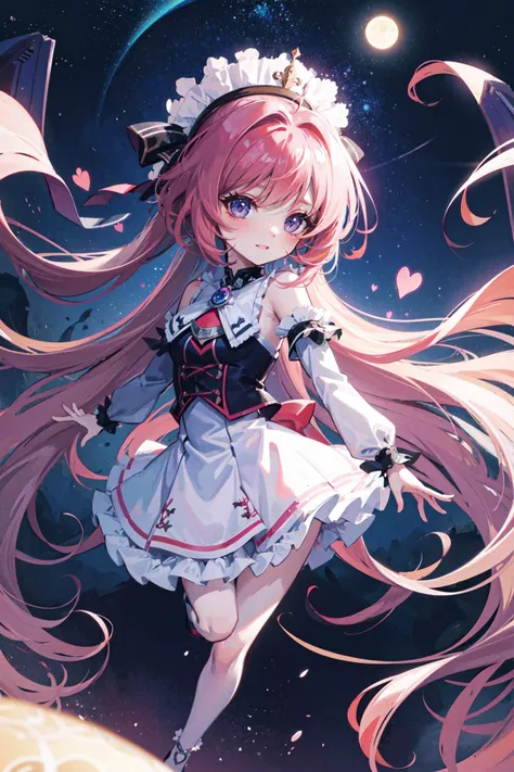 ((best quality, masterpiece, absurbres, super-resolution)) (Chibi:1.3), beautiful, movement, alluring. smiling, starry sky, ambience, moon, night sky, colorful lighting, cinematic lighting, neon light glowing, medium shot