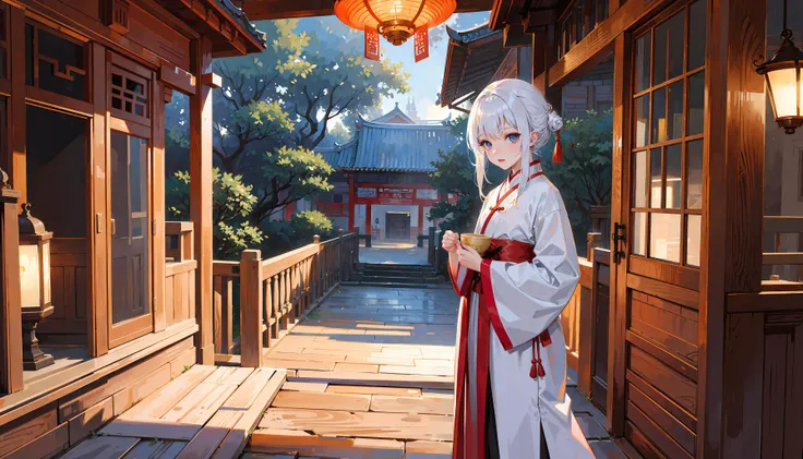 ancient china, cozy, beautiful,((wide shot)),((worm's-eye view)),
,white hair,looking at viewer, shy, love, hanfu
inn,central scroll, ancient Chinese wooden architecture, return to the ancients, ancient architectural complex, street.