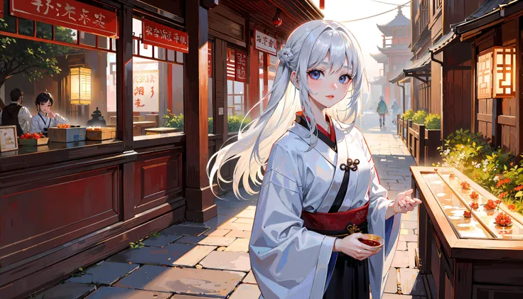 ancient china, cozy, beautiful,((wide shot)),((worm's-eye view)),
,white hair,looking at viewer, shy, love, hanfu
inn,central scroll, ancient Chinese wooden architecture, return to the ancients, ancient architectural complex, street.