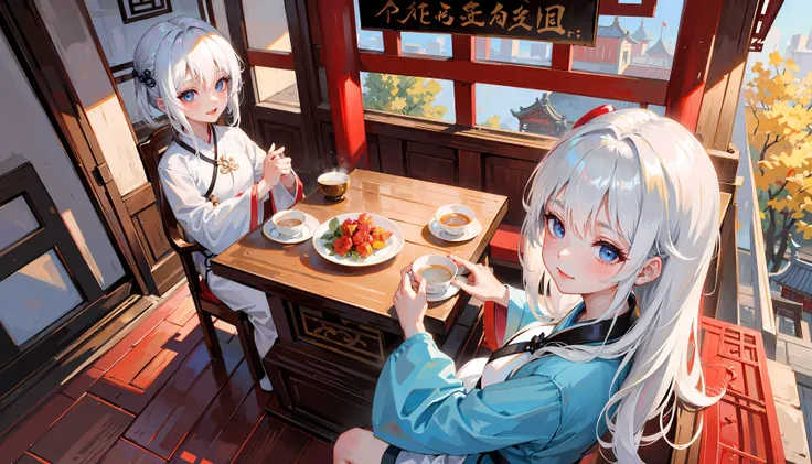 ancient china, cozy, beautiful,viewing platform, bird 's-eye view,
child,white hair,looking at viewer,sweet smile, happy, love, hanfu
inn,central scroll, ancient Chinese wooden architecture, return to the ancients, ancient architectural complex, street.
1girl, solo,perfect face,lustrous skin,chinese clothes,Beautiful detailed eyes, Bright eyes,Gradient eyes,