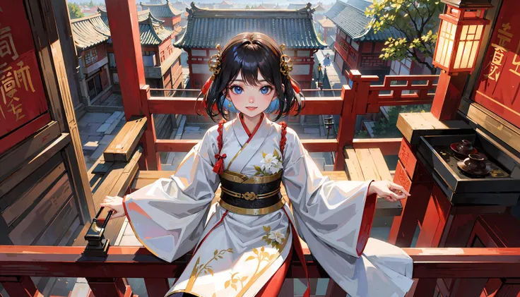 ancient china, cozy, beautiful,viewing platform, bird 's-eye view,
woman, man,looking at each other, smile, happy, love, hanfu
inn,central scroll, ancient Chinese wooden architecture, return to the ancients, ancient architectural complex, street.
1girl, solo,perfect face,lustrous skin,chinese clothes,Beautiful detailed eyes, Bright eyes,Gradient eyes,