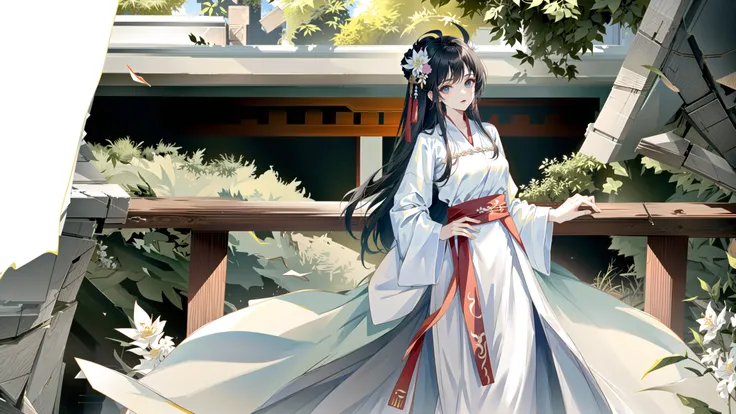 (masterpiece:1.5),(best quality:1.5),(ultra-detailed:1.5),illustration,cowboy shot,1girl,solo,(buildings),perfect face,lustrous skin,long hair,beautiful detailed eyes,beautiful flowing hair,(ru_qun:1.5),(hanfu:1.5),mecha clothes, white dress,white thighhighs, (bloom),lighting, ray tracing,outdoors, mountains, nature,hair ornament, hair ribbon,hand on hip,looking at viewer,ahoge,large breasts,forest,barefoot sandals,mecha,standing,