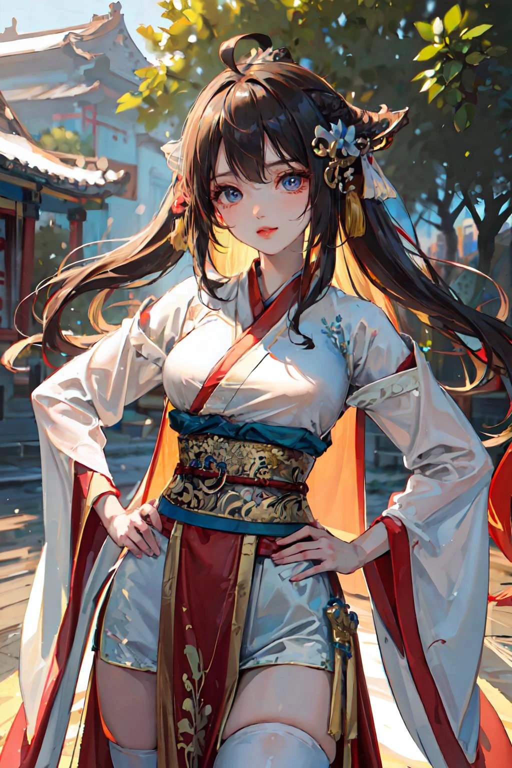 (masterpiece:1.5),(best quality:1.5),(ultra-detailed:1.5),illustration,cowboy shot,1girl,solo,(buildings),perfect face,lustrous skin,long hair,beautiful detailed eyes,beautiful flowing hair,(ru_qun:1.5),(hanfu:1.5),chinese clothes, white dress,white thighhighs, (bloom),lighting, ray tracing,outdoors, mountains, nature,hair ornament, hair ribbon,hand on hip,looking at viewer,ahoge,large breasts, (deep depth of field:1.5),hair ornament, forest,barefoot sandals