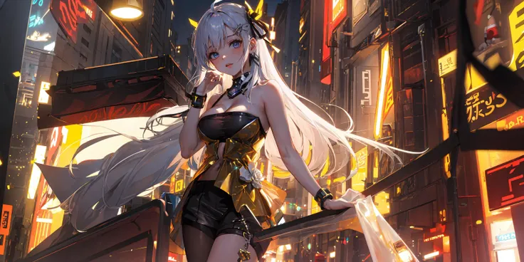 (masterpiece:1.5),(best quality:1.5),(ultra-detailed:1.5),illustration,(1girl:1.5),(solo:1.5), cyberpunk 2077,cityscape,concept art,nightcity,anime,lora,cowboy shot,perfect face,lustrous skin,long hair,beautiful detailed eyes,beautiful flowing hair,(holographic),(holographic clothing:1.2),(bloom),lighting, ray tracing,outdoors,neon lights, light particles,absurdism,hair ornament, hair ribbon,looking at viewer,ahoge,large breasts, (deep depth of field:1.5),
