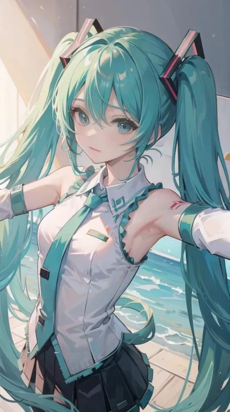 ((best quality)) , ((masterpiece)), hatsune miku, twintails <lora:HatsuneMiku:0.2>  talking a  selfie