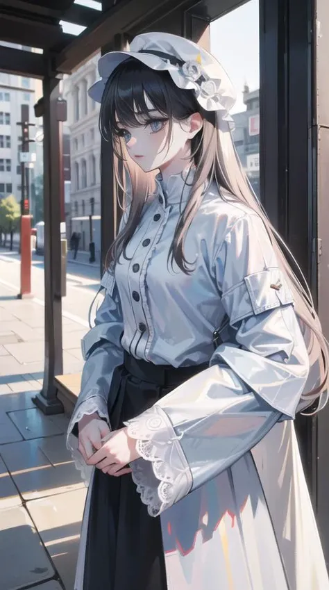 pure white, street  ((best quality)), ((masterpiece)), ( extreme detailed, highest detailed, official art, beautiful and aesthetic:1.2), <lora:blckmtl:0.5>, depth, composition