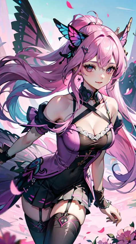 Butterflies, Pastel colors, smiling, laughing, sexy, beautiful gradient sky, flowing hair, moving hair, flower petals, flower field ((best quality)), ((masterpiece)), <lora:PastelGothAI:0.8> PastelGothAI