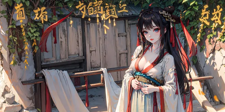 (masterpiece:1.5),(best quality:1.5),(ultra-detailed:1.5),illustration,full body,mid shot,1girl,solo,(buildings),perfect face,lustrous skin,long hair,beautiful detailed eyes,beautiful flowing hair,(ru_qun:1.5),(hanfu:1.5),chinese clothes, white dress,white thighhighs, (bloom),lighting, ray tracing,outdoors, mountains, nature,hair ornament, hair ribbon,hand on hip,looking at viewer,ahoge,large breasts, (deep depth of field:1.5),hair ornament, forest,barefoot sandals