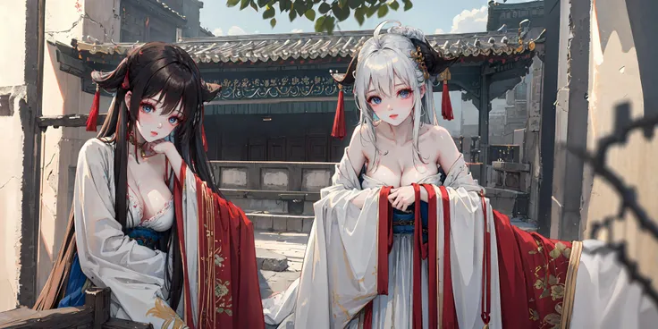 (masterpiece:1.5),(best quality:1.5),(ultra-detailed:1.5),illustration,mid shot,1girl,solo,(buildings),perfect face,lustrous skin,long hair,beautiful detailed eyes,beautiful flowing hair,(ru_qun:1.5),(hanfu:1.5),chinese clothes, white dress,white thighhighs, (bloom),lighting, ray tracing,outdoors, mountains, nature,hair ornament, hair ribbon,looking at viewer,ahoge,large breasts, (deep depth of field:1.5),hair ornament, forest,barefoot sandals