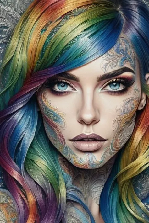 prompt:Eclectic fusion of a woman's portrait with vibrant digital overlays, juxtaposed traditional tartan patterns, botanical elements, and tattoo aesthetics against a neon blue backdrop aspect:2:3 format:Image