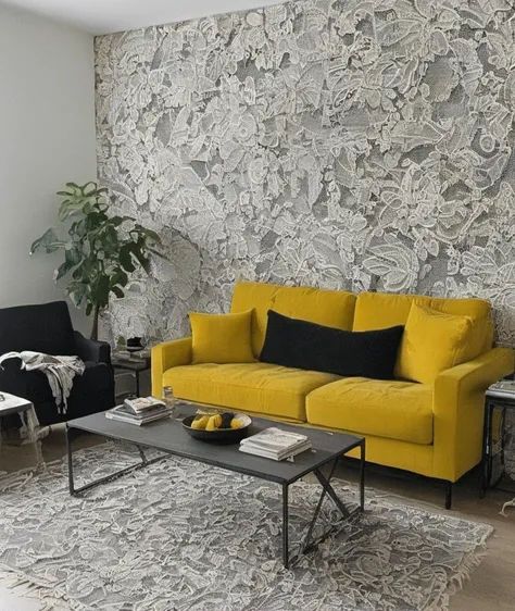 , <lora:SDXL_lace_drawing_Sa_May:1> lace drawing, black & yellow, industrial, heavy duty, modular, girlish living room, small room, Two-person sofa, plan of a house, brown sofa, white wall,