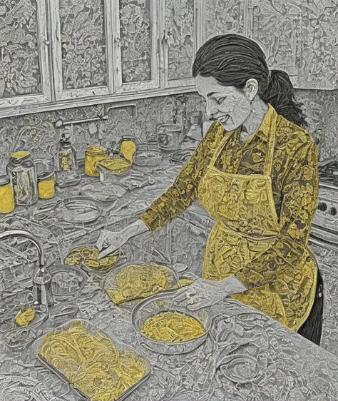 , <lora:SDXL_lace_drawing_Sa_May:1> lace drawing, black & yellow, industrial, heavy duty, modular, A highly detailed mother in her kitchen preparing meal, window sunny day, happy, smiling,