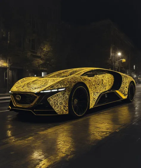 , <lora:SDXL_lace_drawing_Sa_May:0.6> lace drawing, black & yellow, industrial, heavy duty, modular, white and brass science fiction hovering industrial luxury car by a downtown hotel, science fiction, night time, volumetric light, dutch angle, cinematic angle