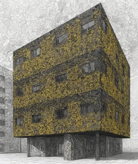 , <lora:SDXL_lace_drawing_Sa_May:0.6>   lace drawing,               black & yellow, industrial, heavy duty, modular,           Office Buildings, Conglomerate stone, science fiction, building, architecture