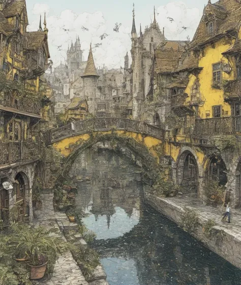 , <lora:SDXL_lace_drawing_Sa_May:0.6>   lace drawing,               black & yellow, industrial, heavy duty, modular,           a grand capital city nestled in the heart of a magical realm inspired by Dungeons and Dragons. The city stands as a testament to both architectural splendor and mystical enchantments. The streets are bustling with life, filled with a diverse array of creatures, both human and fantastical, going about their daily routines. The buildings showcase a harmonious blend of traditional medieval design and whimsical magical enhancements. Ornate bridges span over flowing rivers and canals, connecting various districts of the city. Gardens and parks are interspersed throughout, teeming with vibrant, otherworldly flora and fauna. In the central square, a magnificent fountain serves as a gathering place, its waters sparkling with magical energies.
