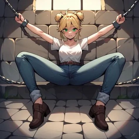 score_9, score_8_up, score_7_up, score_6_up, score_5_up, score_4_up, source_anime, 1girl, blonde hair, hair bun, green eyes, w-w-chain, spread arms, messy hair, white shirt, jeans pants, dungeon, best quality, best res, 4K UHD,
 <lora:W-W-Chain:0.4>,