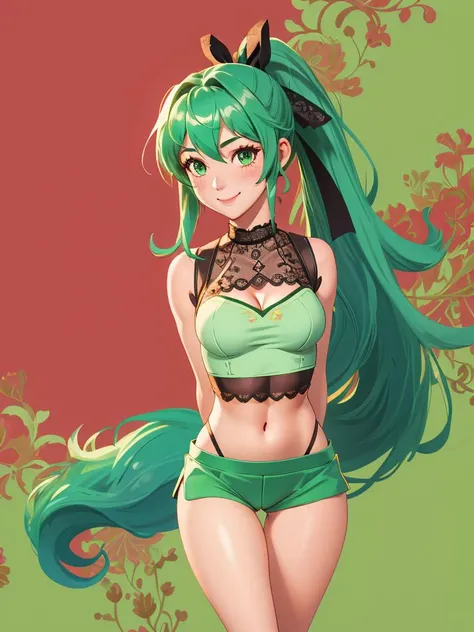 1girl, Wide hips, naughty smile, Skindentation, blush, green hair, Lace bodystocking , pony tail, hair ribbon, thigh gap, looking at viewer, cleavage, midriff, arms behind back