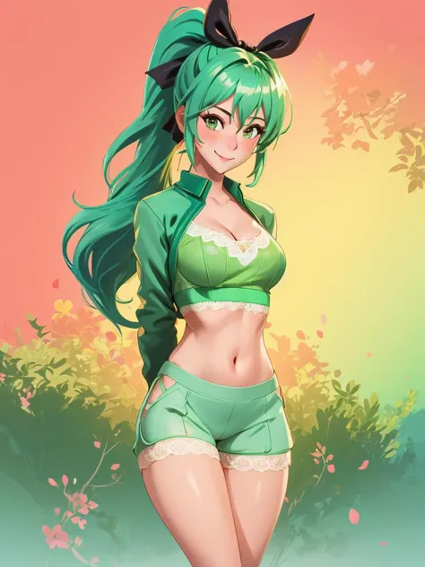 1girl, Wide hips, naughty smile, Skindentation, blush, green hair, Lace bodystocking , pony tail, hair ribbon, thigh gap, looking at viewer, cleavage, midriff, arms behind back