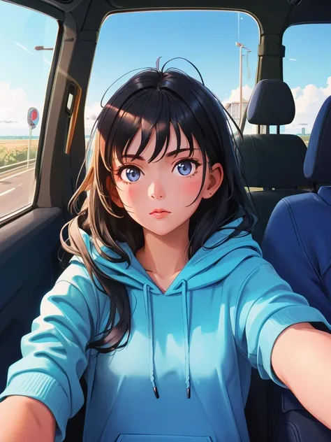 RAW photo, a 22-year-old-girl, upper body, selfie in a car, blue hoodie, inside a car, epicRealism