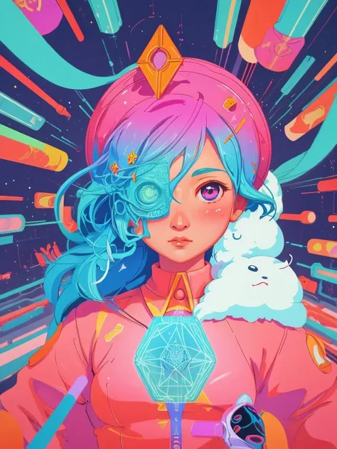 a girl, melting skin, sacred geometry, surreal futurism