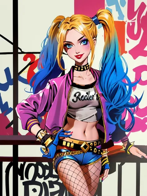 <lora:HarleyQuinnModernv2-000003:0.7>, 1girl, blonde hair, twintails, shorts, pantyhose, crop top, torn clothes, blue eyes, solo, makeup, midriff, gloves, jewelry, navel, short shorts, bracelet, torn shirt, fishnets, spikes, multicolored clothes, belt, fishnet pantyhose, spiked bracelet, single glove, torn pantyhose, breasts, graffiti, lipstick, jacket, clothes writing, multicolored hair, collar, eyeshadow, blue hair, multicolored jacket, blood, smile, shirt, looking at viewer, nail polish, choker,