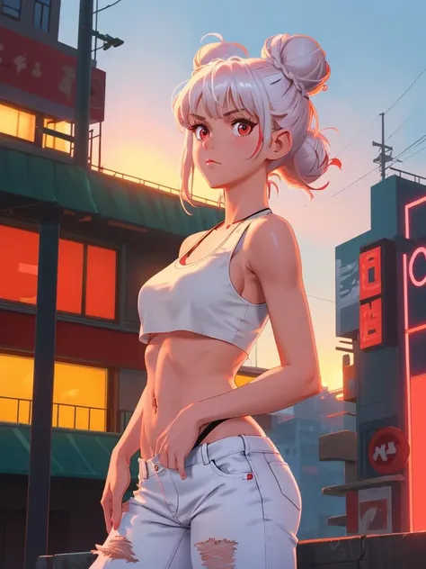 masterpiece, 1girl, looking at viewer, high resolution, perfect face, edgy, modern clothes, braless, red eyes, white hair, (double bun hair, bangs), bikini_jeans, white tank top, crop top, black shorts, underboob, upshirt, oiled skin, tattoos, piercing, large breasts, perfect body, small head, navel, standing on city street, city skyline, neon lights, sunset, dramatic lighting