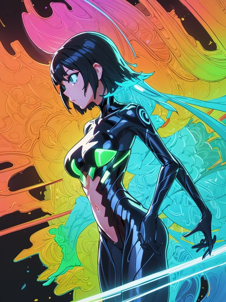 thin, fine fractal glossy fluorescent colored ink sketch shiny contours outlines of a young female figure silhouette