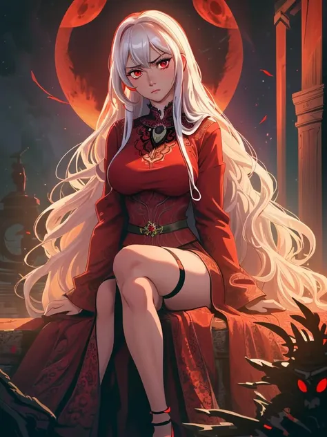 ultra realistic 8k cg, masterpiece, ((ultra detailed background, delicate pattern, intricate detail)), sitting, formal, serious, (displeased:1.5, anrgy, upset, head tilt, glowing red eye), queen, goddess, divine, cursed, dark fantasy, (hair over one eye), (((malevolent shrine, dark water, night, red moon))), absurdly long hair, very long hair, white hair, looking at viewer, huge breasts, nsfw, breasts out, lace, lace trim, lace-trimmed legwear,