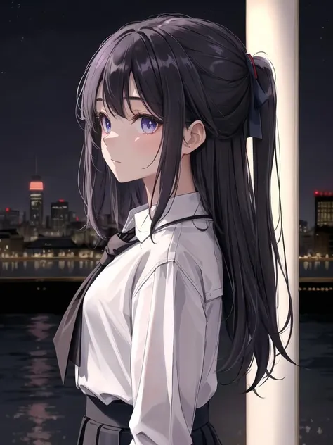 dark willow, mireska dark_willow <lora:mireska_v3c-000008:0.8>, school uniform, upper body, detailed eyes, from side, night, city, city lights, japanese clothes, white shirt,