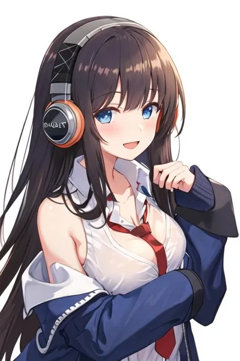 best quality, masterpiece, highres, solo, {long_island_azurlane:1.15}, long_hair, blue_eyes, blush, bangs, headphones, brown_hair, breasts, smile, open_mouth, very_long_hair, black_hair, 1girl, bare_shoulders, collarbone, collared_shirt, looking_at_viewer, shirt, sleeveless, sleeveless_shirt, white_background, white_shirt, :d, cleavage, jacket, necktie, off_shoulder, red_necktie, simple_background, upper_body, blue_jacket, long_sleeves, medium_breasts, open_clothes, open_jacket, sleeves_past_wrists