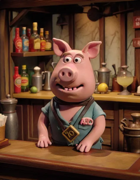 claymation, a bartender Pig behind a counter, Atoll at Mid-morning <lora:CLAYMATE_V2.03_:1>