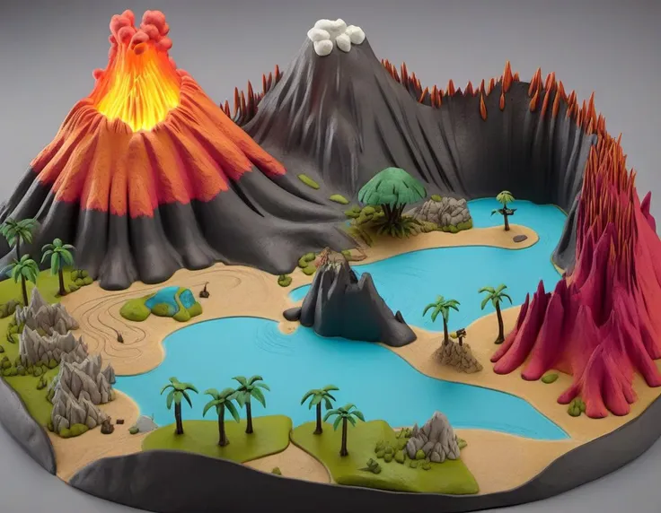 clay, diorama, Volcanic Island: Lava flows, erupting volcanoes, exotic flora, daring adventurers, fiery monsters, hidden caves. <lora:CLAYMATE_0.3_:0.7>