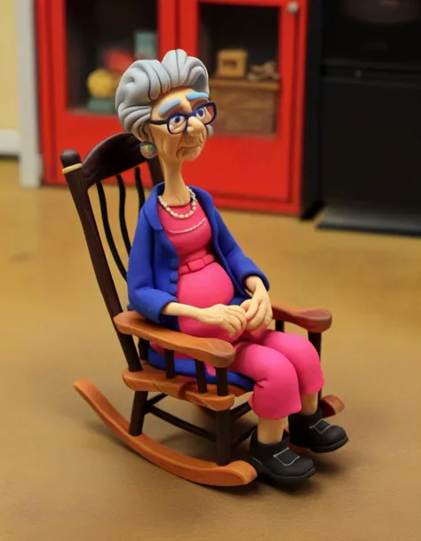 claymation, a grandma sitting on a rocking chair, <lora:CLAYMATE_0.3_:0.7>