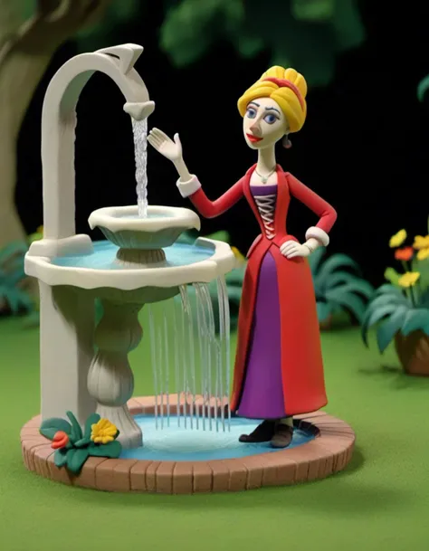 claymation, a lady in a garden near a fountain <lora:CLAYMATE_0.3_:0.7>