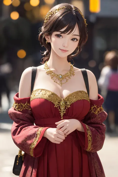 1girl, korean actress, potrait, 
(street fashion), smile, (slender), wide hip, 
(looking at viewer),
Ornate Diamond Necklace, Medieval Dress, clavicle, 
(realistic:1.3), (best quality), (masterpiece), (intricate details), photo, bokeh, 8K UHD, High definition, Depth of field, (dramatic light), (beautiful detailed light), (side lighting),