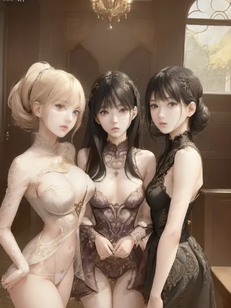 (((3girls))), (((<lora:lisaBlackpink_v1:1>))), 24 year old woman, ponytail, waist-length portrait, (indoors), ((high detailed skin:1.3)), ((high detailed facial features)), (realistic:1.3), (best quality), (masterpiece), (intricate details), intricate, 8k uhd, hdr, dslr, photographed on a Canon EOS R5, F/2.8, HDR, ambient_oscillation, Depth of field, (dramatic light), (beautiful detailed light), (((slutty clothes))), cleavage, big thighs:0.5, thigh gap:0.5, big legs:0.5, microwaist, looking at viewer, <lora:microwaist_03Lora:1>