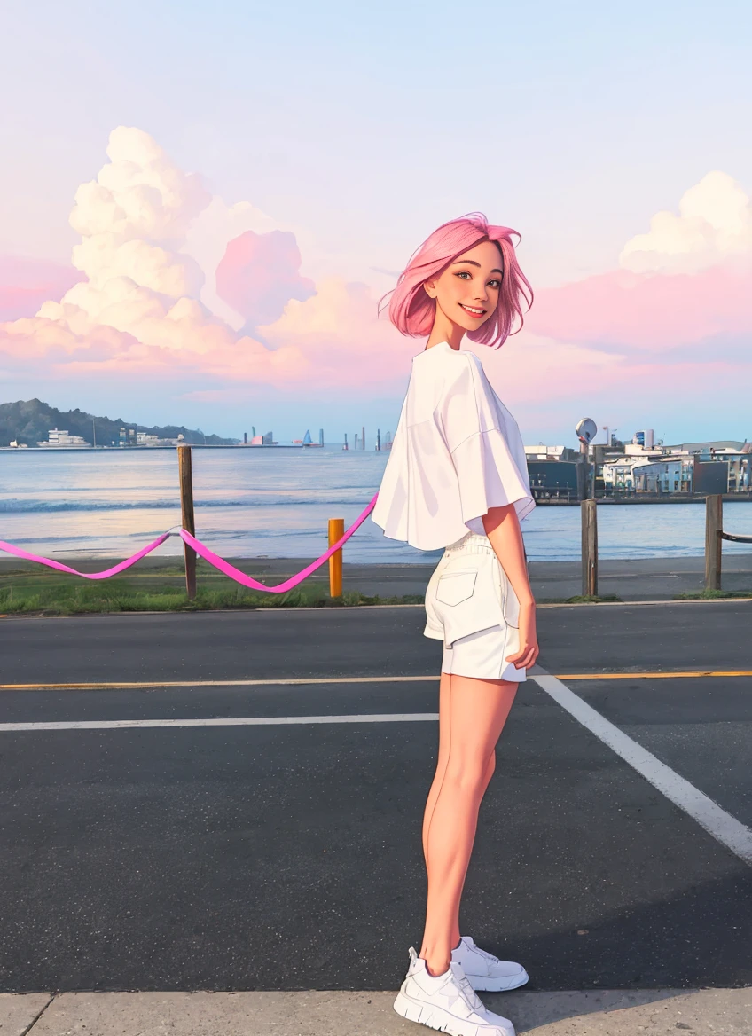 1girl, realistic, standing, photo, gorgeous white blouse, shorts, looking past viewer, feminine, smile, photorealism, fashion design, pink sky, (perfect face:1.4), <lora:koreanDollLikeness_v15:0.25>, model, full body <lora:samdoesartsSamYang_offsetRightFilesize:1>