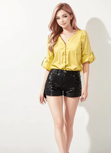 1girl, realistic, standing, photo, gorgeous yellow blouse, shorts, looking past viewer, feminine, smile, photorealism, fashion design, pink background, (perfect face:1.4), <lora:koreanDollLikeness_v15:0.25>, model, full body <lora:mikuya_v15:0.3>
