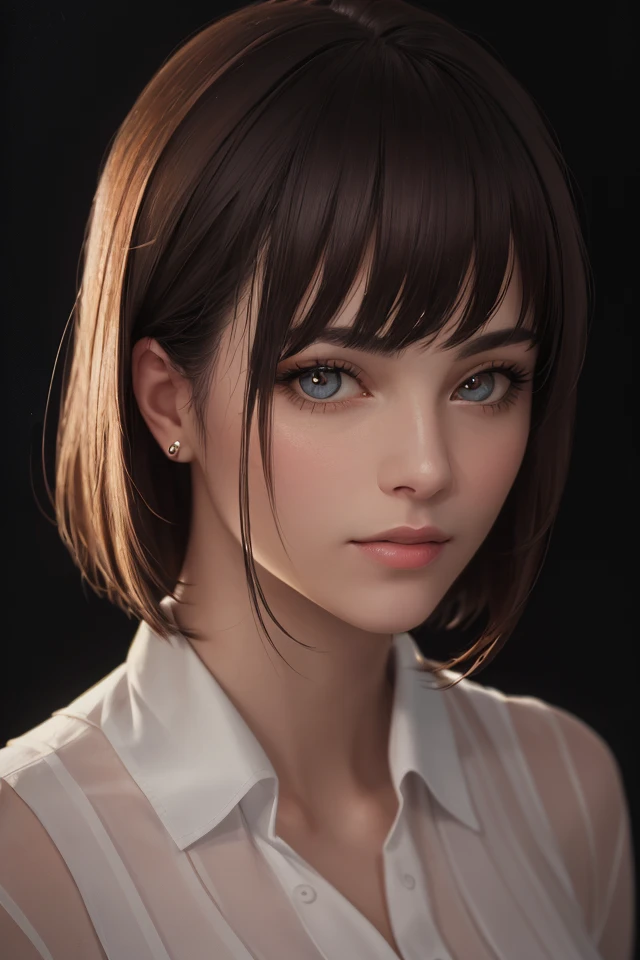 1girl, realistic, standing, photo, gorgeous, feminine, photorealism, cute blouse, dark background, oil painting, masterpiece, diffused soft film lighting, portrait, best quality (perfect face:1.4), <lora:theovercomer8sContrastFix_sd15:0.2>