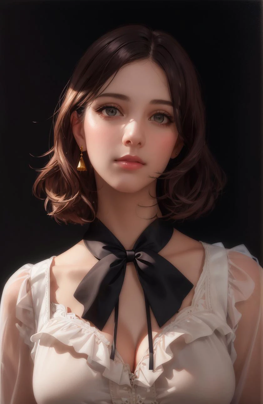 1girl, realistic, standing, photo, gorgeous, feminine, photorealism, cute blouse, dark background, oil painting, masterpiece, diffused soft film lighting, portrait, best quality (perfect face:1.4), <lora:theovercomer8sContrastFix_sd15:0.2>