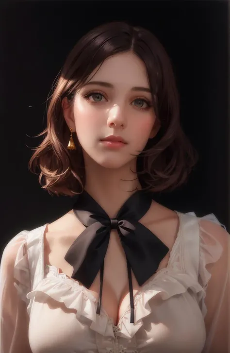 1girl, realistic, standing, photo, gorgeous, feminine, photorealism, cute blouse, dark background, oil painting, masterpiece, diffused soft film lighting, portrait, best quality (perfect face:1.4), <lora:theovercomer8sContrastFix_sd15:0.2>