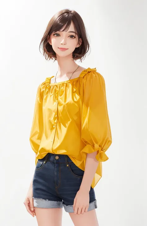 1girl, realistic, standing, photo, gorgeous yellow blouse, shorts, looking past viewer, feminine, smile, photorealism, fashion design, simple white background,  (perfect face:1.4),  <lora:koreanDollLikeness_v15:0.25>, model, vogue magazine cover